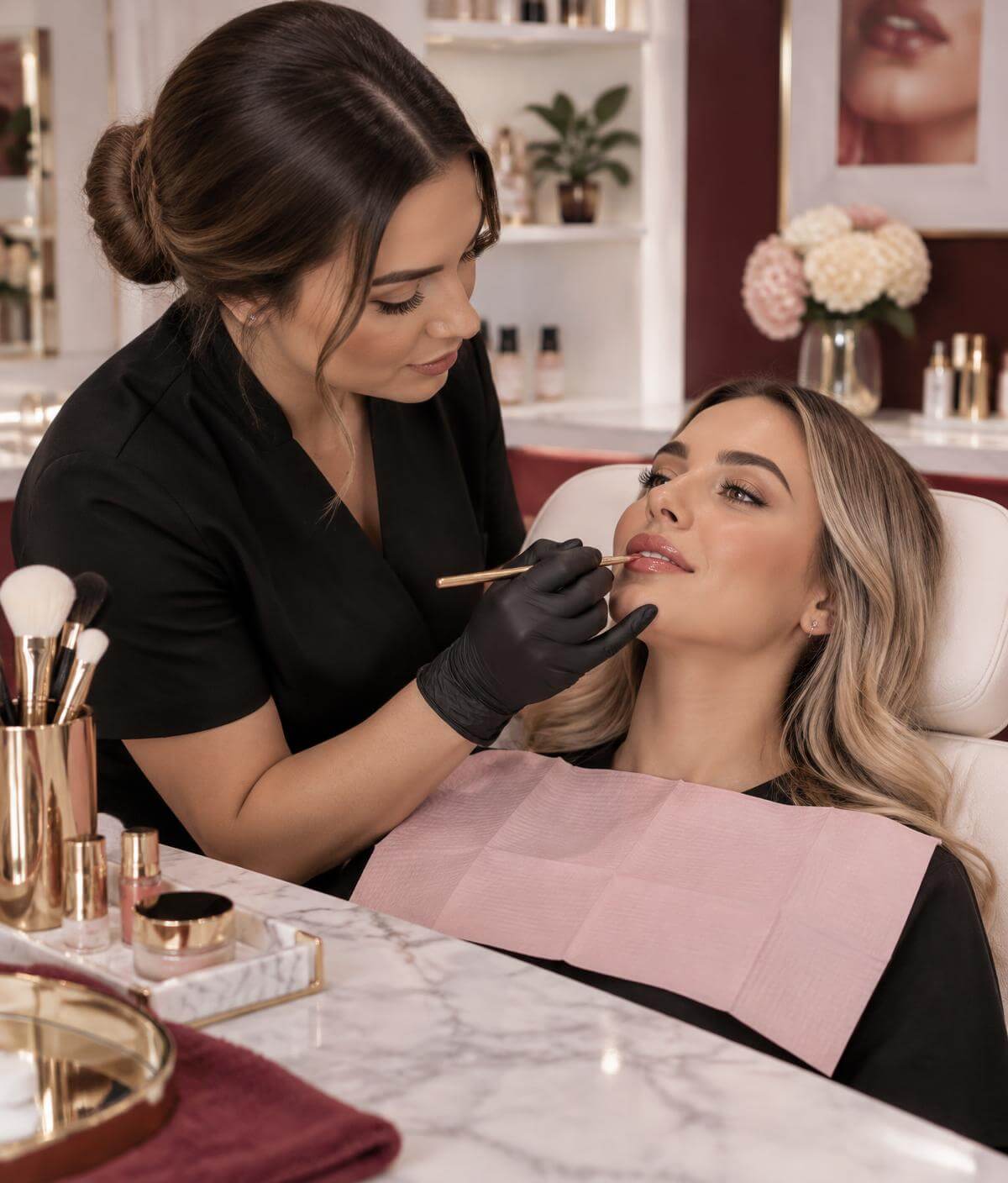 Profesional aplicando una técnica labial a su clienta
